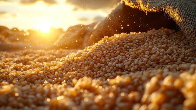 Golden grains spill from burlap sack under sunset