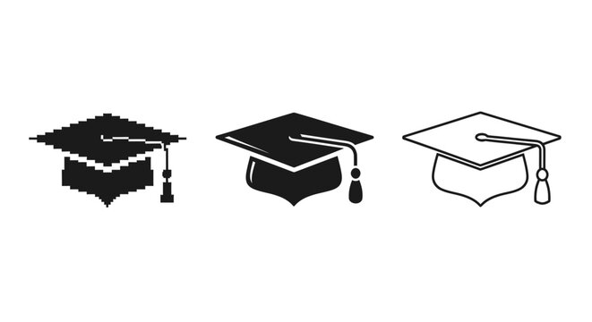 Pixel perfect illustrations of graduation caps in varying styles and detail