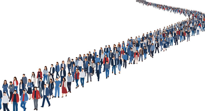 Diverse Group of People Standing in a Long Curving Queue Line Formation Over White Background for Business Waiting List Consumerism and Human Demographic Concepts