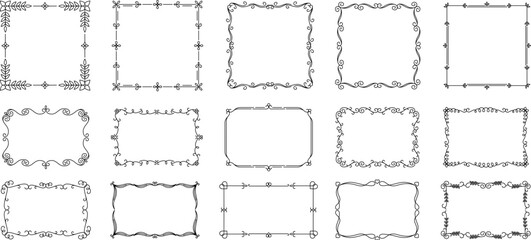 Set of black decorative frames on white background, including floral, swirl, and geometric borders ideal for invitations, certificates, and elegant layouts. Vector illustration set © woters