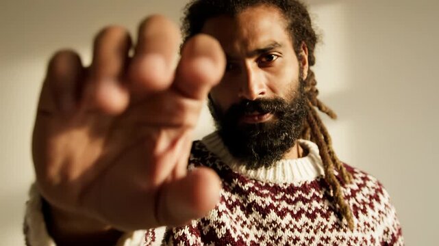 Man with raised hand and beard