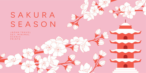 Sakura season travel poster with cherry blossom branches and a minimal Japanese temple silhouette on soft pink background. Spring illustration for scenic prints, banners, social media promotion © roze ultra