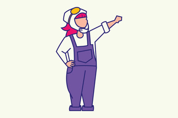 Cartoon pilot or astronaut with red hair, white helmet, yellow visor, purple overalls, confident pose, and modern stylized design.
