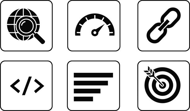 Black and white of web and development concepts web development web development, black and white, globe, magnifying glass, speedometer, link, coding, html, target, arrow, leaf, checklist, black, white