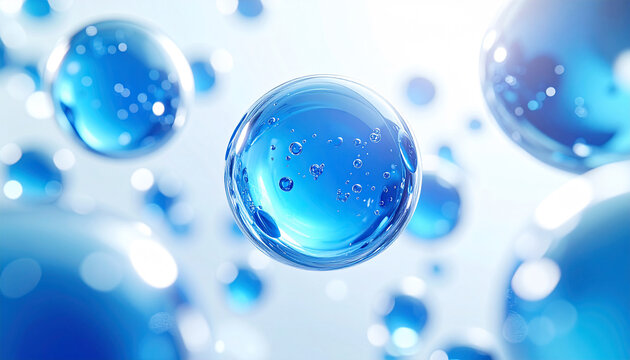 ヒアルロン酸・コラーゲン・セラミド・ペプチドの青い透明分子バブル背景｜保湿スキンケア成分イメージ
Blue transparent molecular bubbles of Hyaluronic Acid, Collagen, Ceramide & Peptides | Hydrating skincare ingredient background