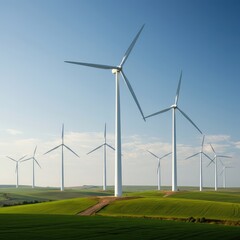 Fototapeta premium Huge white wind turbines standing in a row on rolling green hills generate essential clean energy, illustrating sustainable power and environmental care ,modern ,turbine ,nature