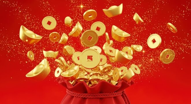 Golden coins flying out of pot.