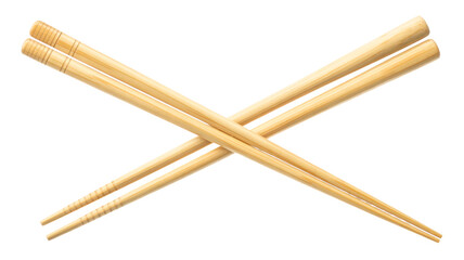 Pair of wooden chopsticks crossed on transparent background