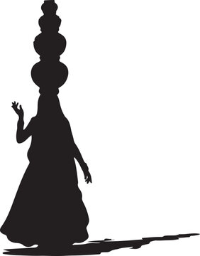 A graceful Rajasthani woman skillfully balances a stack of colorful traditional clay pots on her head, depicted as a realistic 2D vector illustration on a clean white background.