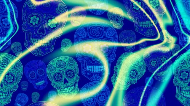 Vibrant blue background with neon yellow streaks and sugar skulls in a festive pattern