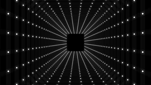 Futuristic vector sci-fi square portal in space. 3D black ai tunnel with dots and lines. Abstract digital wormhole data. Flow particle by funnel. Fantasy circle vortex on dark background.