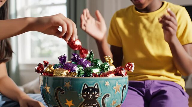 Child reaching for bowl of colorful candies