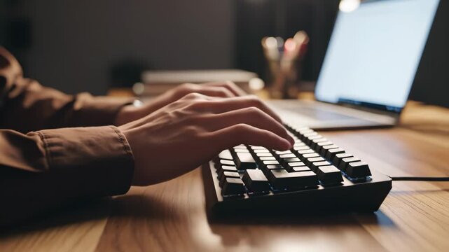 Hands typing on a backlit keyboard