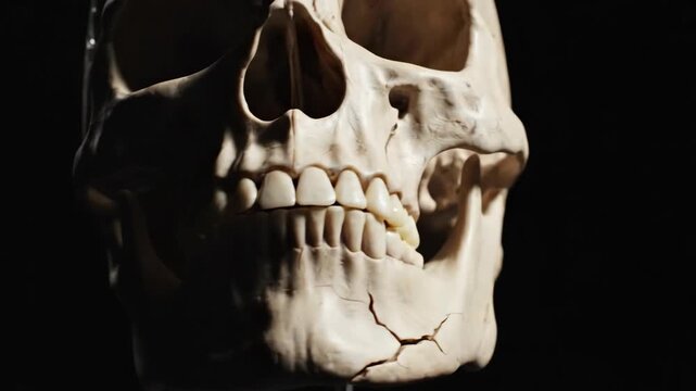 Close-up view of a human skull with visible teeth and jawbone on a dark background