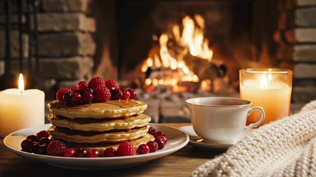 Cozy breakfast with stack of berry pancakes by a warm fireplace and lit candles