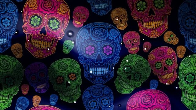 Vibrant sugar skulls in various colors and patterns floating in a dark environment viewed from a straight-on perspective