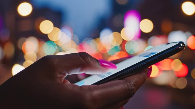 Hand using smartphone at night