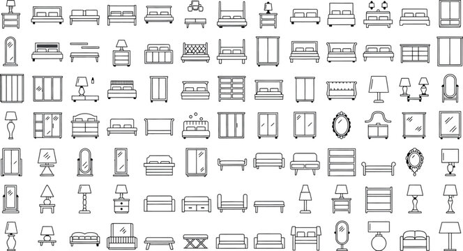 Collection of various furniture icons isolated on transparent background