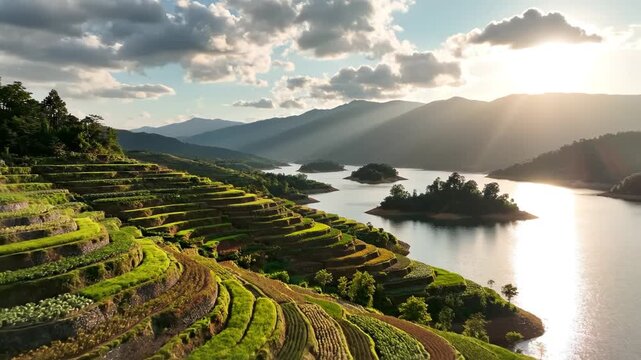 Terraced fields by lake with mountains