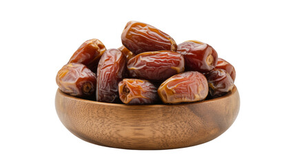 Fresh dates in a wooden bowl on transparent background
