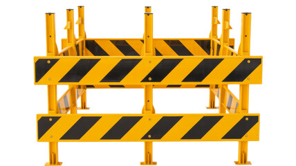 Stacked yellow and black safety barriers for construction sites