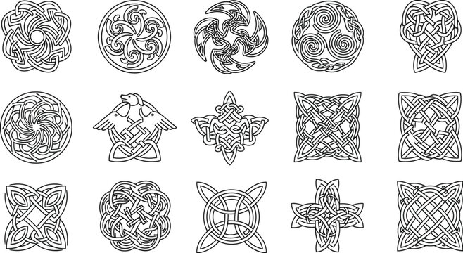 Collection of intricate black and white celtic knotwork designs including spirals birds and complex interwoven geometric patterns
