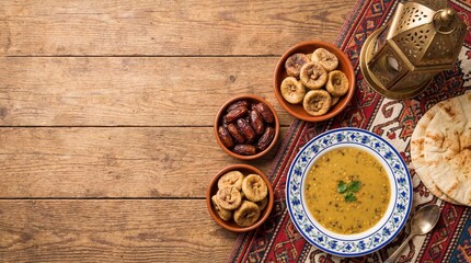 Rustic flat lay of a warm ramadan iftar meal featuring soup, dates, and a brass lantern on wood.