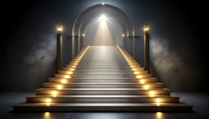Dramatic low-key lighting illuminates a symmetrical grand staircase ascending toward a hopeful golden light in a dark archway.