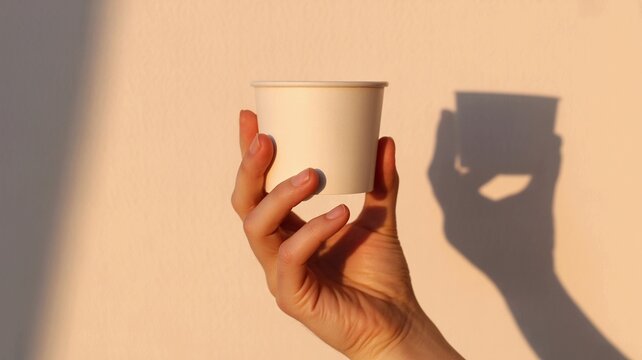 Close up of a hand holding a disposable paper cup casting a long shadow on a textured wall in warm sunlight