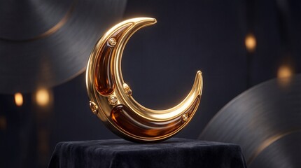 Ornate golden crescent moon sculpture displayed luxuriously on a dark velvet pedestal in a mysterious 3d render.