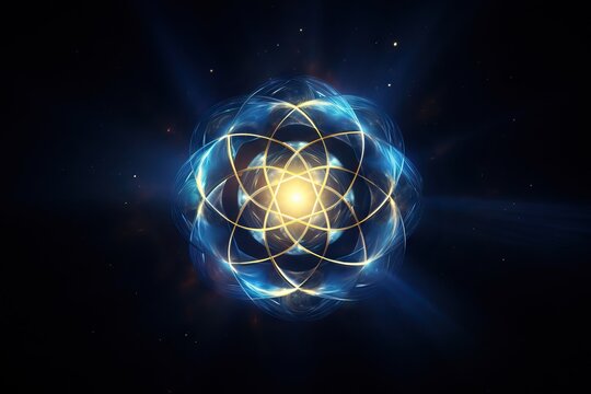 Abstract cosmic space with yellow light a sacred geometry symbol. Meditation and spirituality concept for healing and self-knowledge.