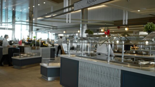 Buffet serving counters and stainless steel food stations in a soft defocused blur interior; background backdrop backplate calm.