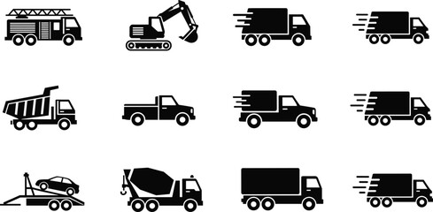 Truck, silhouettes, set, transport, vehicle, delivery, cargo, construction, transport, logistics, lorry, pickup, dump, mixer, tow, service, transportation, icon, collection, illustration © Mst