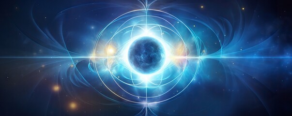 Fototapeta premium Blue cosmic space with a glowing orb surrounded by energy lines. Abstract spiritual and healing concept for meditation and self-knowledge. Banner with copy space