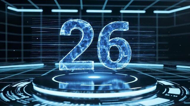 Digital number 26 hologram reveal on futuristic pedestal