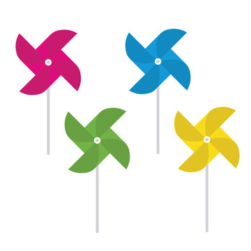 A vibrant origami paper pinwheel toy vector illustration featuring a colorful plastic design that rotates in the summer wind to capture the air and energy of a child's toy mill
