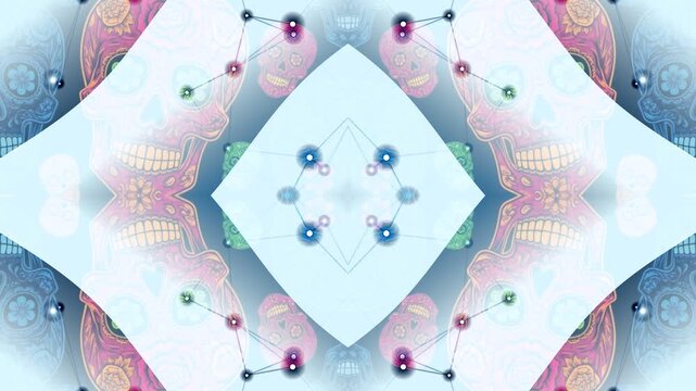 Symmetrical pattern with abstract shapes and molecular structures in a kaleidoscope view