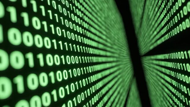 Abstract green glowing binary code digits flowing on a dark background, suitable for technology, data, programming, cybersecurity, and digital concept visuals.