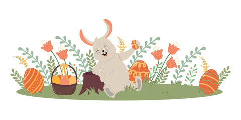 Fototapeta premium Horizontal banner with happy Easter bunny. Hand drawn flat cartoon rabbit with egg. Holiday vector illustration
