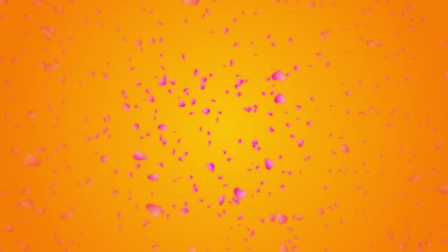 Pink heart shapes being lit up and falling down on orange gradient background. Abstract background for Happy Valentine's day and wedding ceremony.