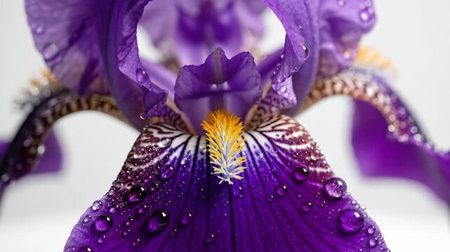 Close-up of a dew-covered purple iris flower petal with intricate markings