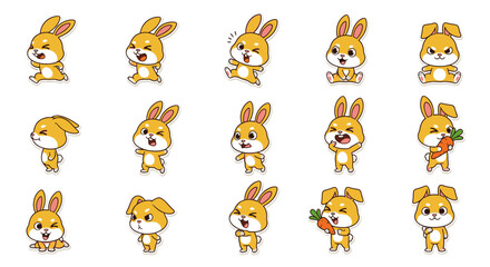 Obraz premium Cute cartoon rabbits in various poses with carrots and expressions 