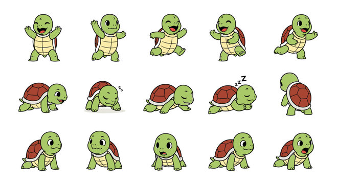 Cute cartoon turtle in various playful poses and expressions  