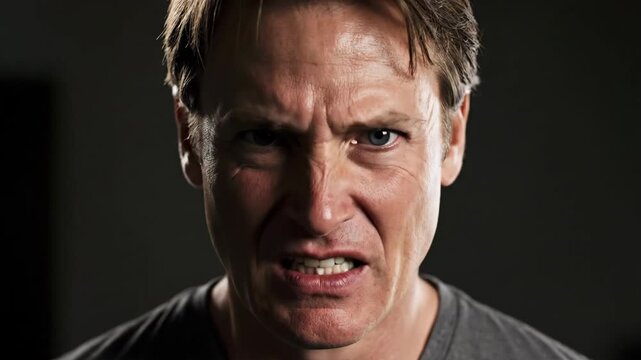 Man Grimacing in Anger with Intense Facial Expression and Tense Muscles