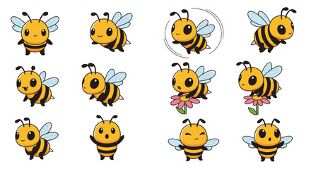 Fototapeta premium Cartoon bees in various poses showing emotions and activities 