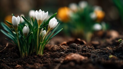 Obraz premium Close-up of first spring flowers crocus growing from soil, soft natural light, renewal and growth concept, nature photography