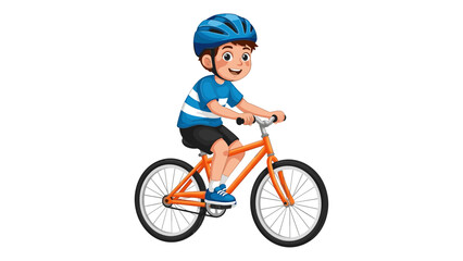 Fototapeta premium Young boy riding orange bicycle with blue helmet isolated on white background