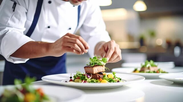 Professional chef meticulously garnishing a gourmet dish in a restaurant kitchen