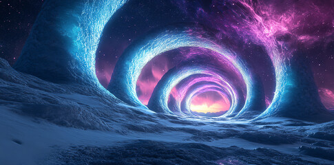 Naklejka premium Ice Tunnel Loops in Neon Night Sky
