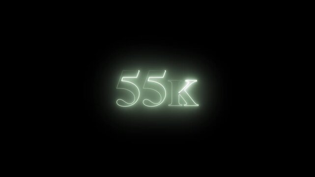 Glowing neon 55k number text icon animation followers or subscribers and like comment letter celebration on 4k video And  black background